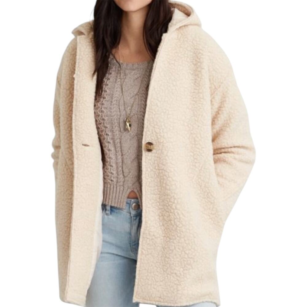 American Eagle Wool Teddy Jacket Coat Hood Mid Pockets Sherpa Vented Cream M